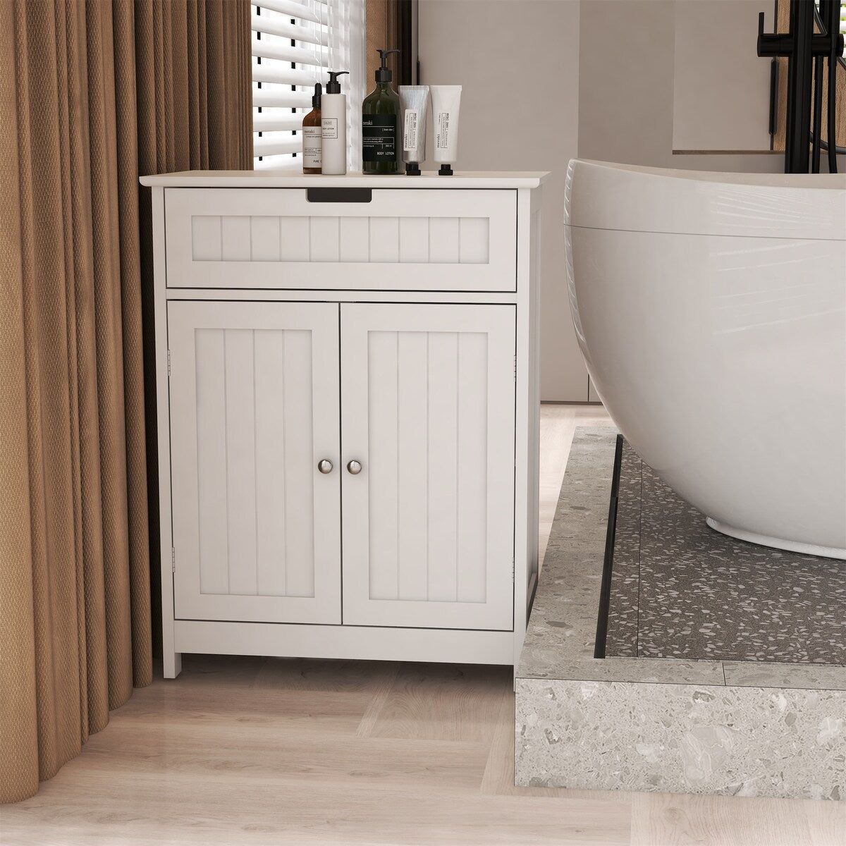 Wood Bathroom Storage Organizer Floor Cabinet with 2 Doors and Drawer