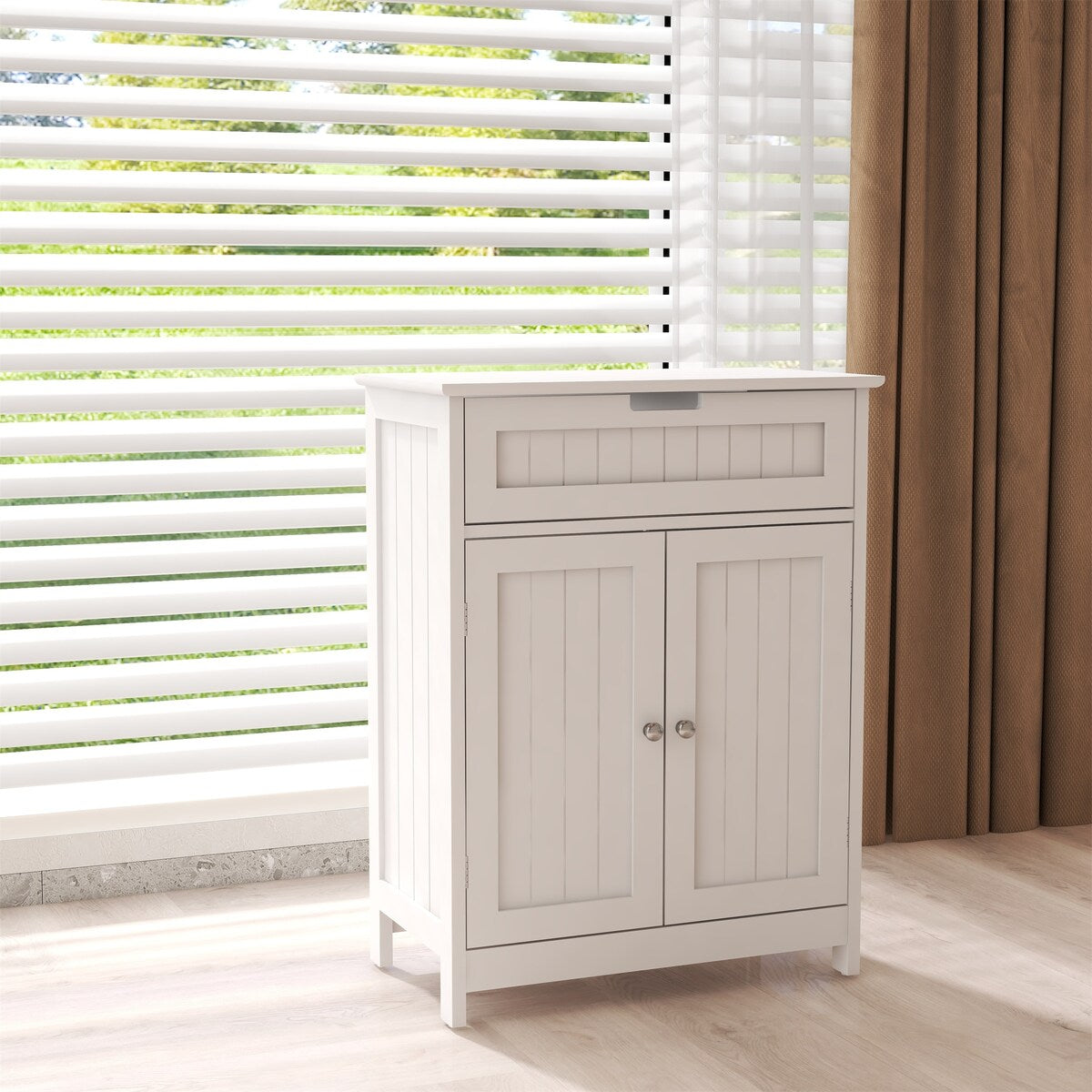 Wood Bathroom Storage Organizer Floor Cabinet with 2 Doors and Drawer