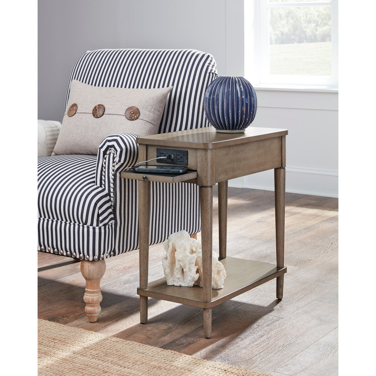 Gracewood Hollow Distressed Solid Wood Charging Chairside End Table
