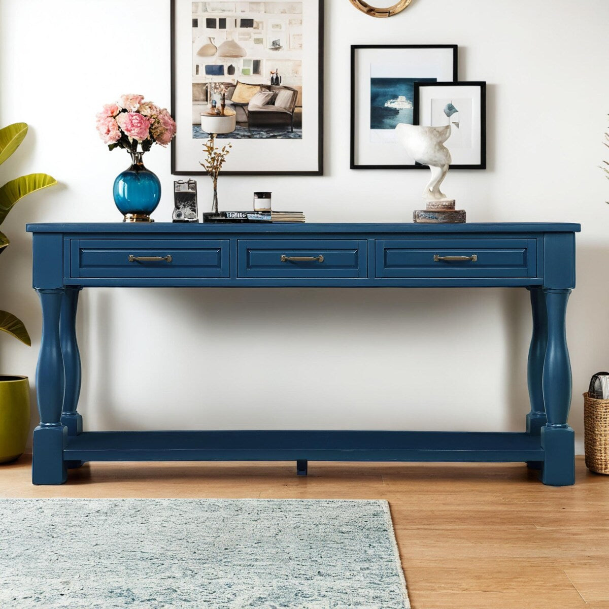 Wood Console Table with Drawers and Shelf
