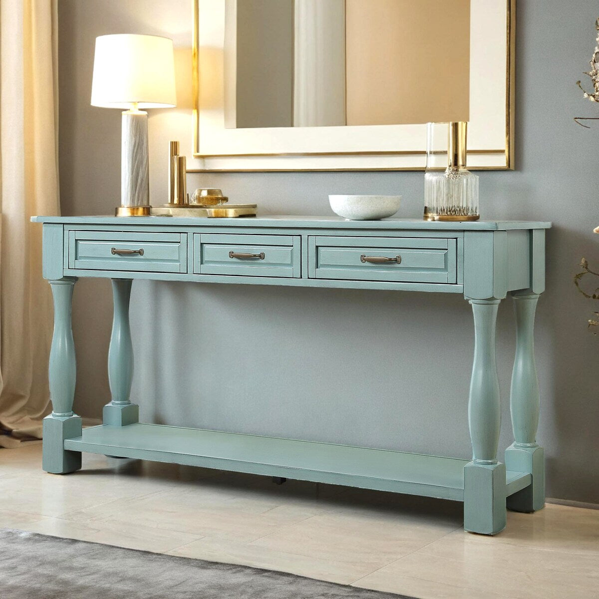 Wood Console Table with Drawers and Shelf