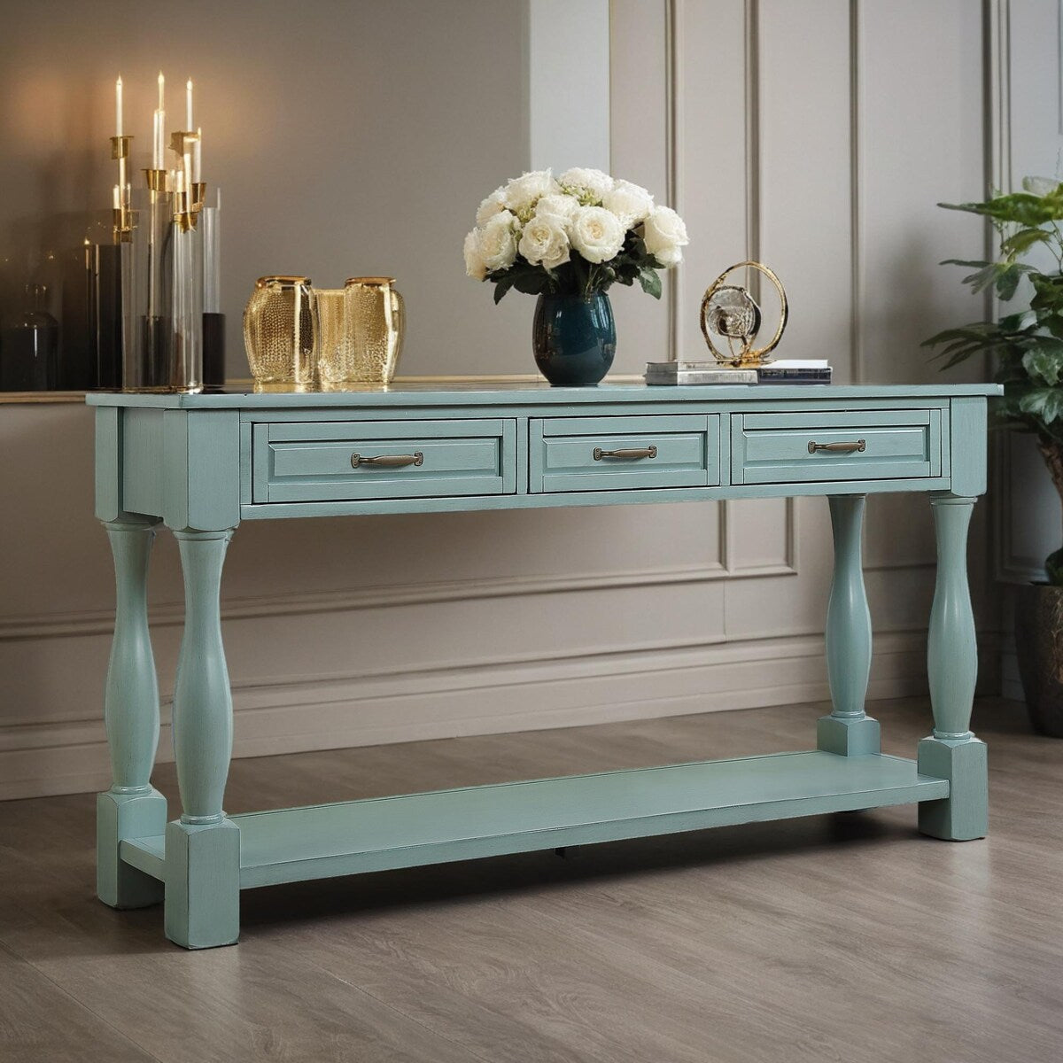 Wood Console Table with Drawers and Shelf