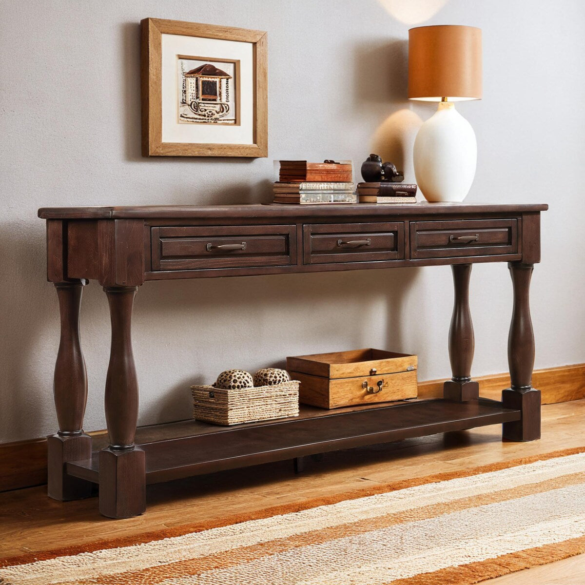 Wood Console Table with Drawers and Shelf