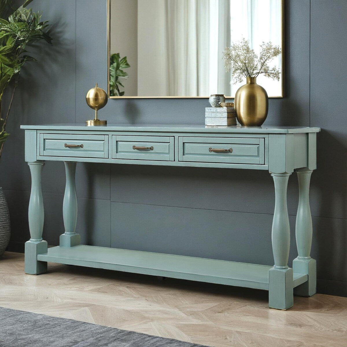 Wood Console Table with Drawers and Shelf