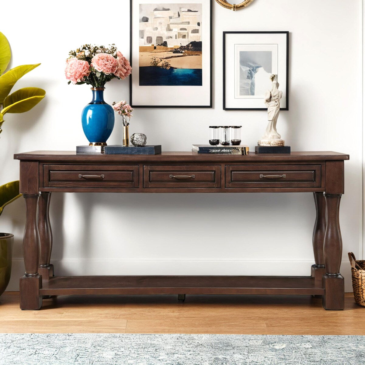 Wood Console Table with Drawers and Shelf