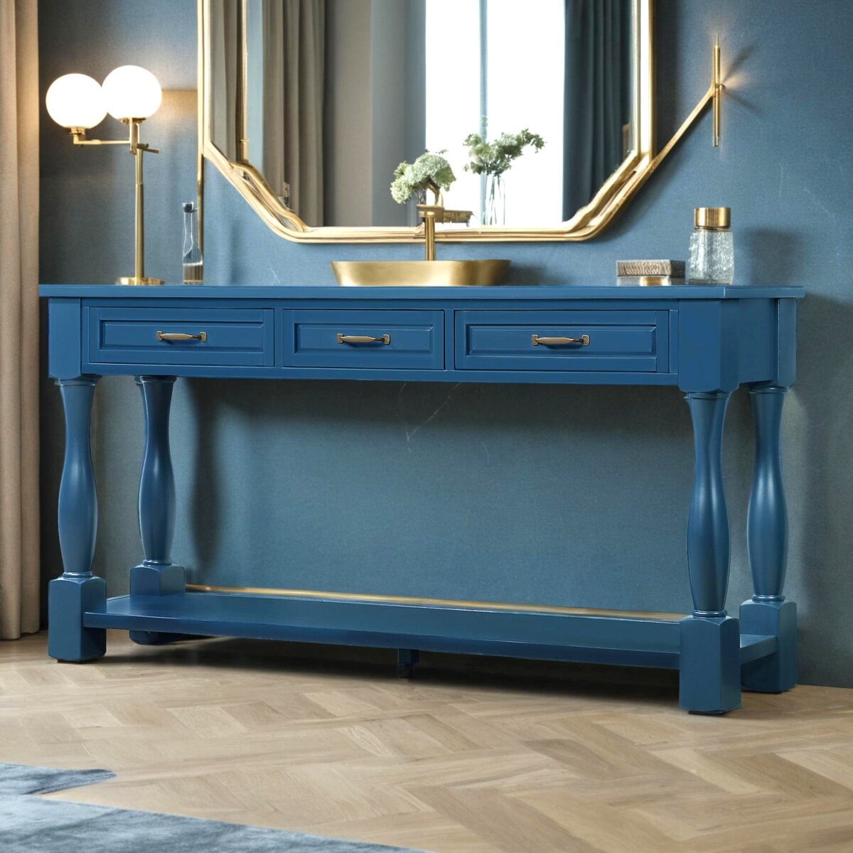 Wood Console Table with Drawers and Shelf