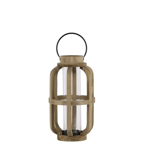 Wood Cylinder Metal Handle Lantern With Hurricane Candle Holder, Small, Brown