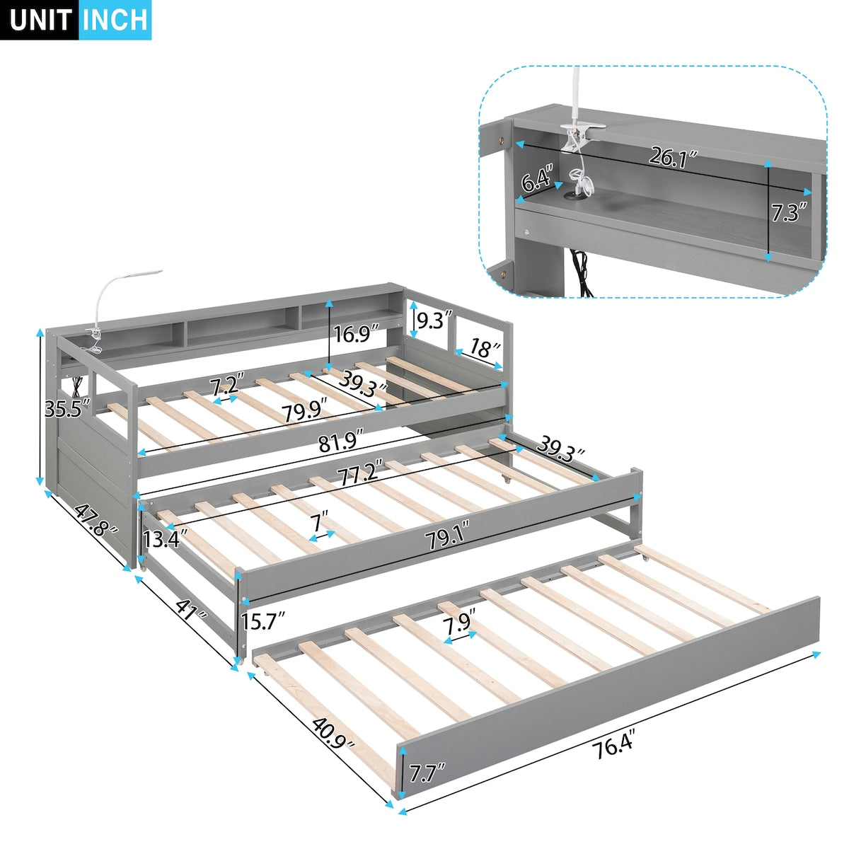 Wood Daybed with 2 Trundles, 3 Storage Cubbies, 1 Light for Free and USB Charging Design