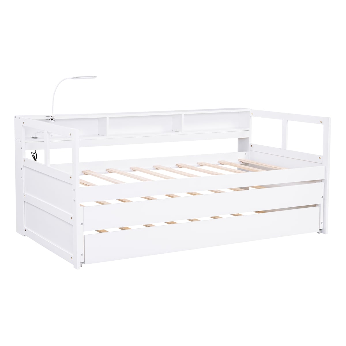 Wood Daybed with 2 Trundles, 3 Storage Cubbies, 1 Light for Free and USB Charging Design