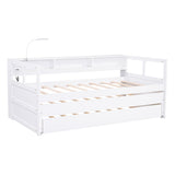 Wood Daybed with 2 Trundles, 3 Storage Cubbies, 1 Light for Free and USB Charging Design