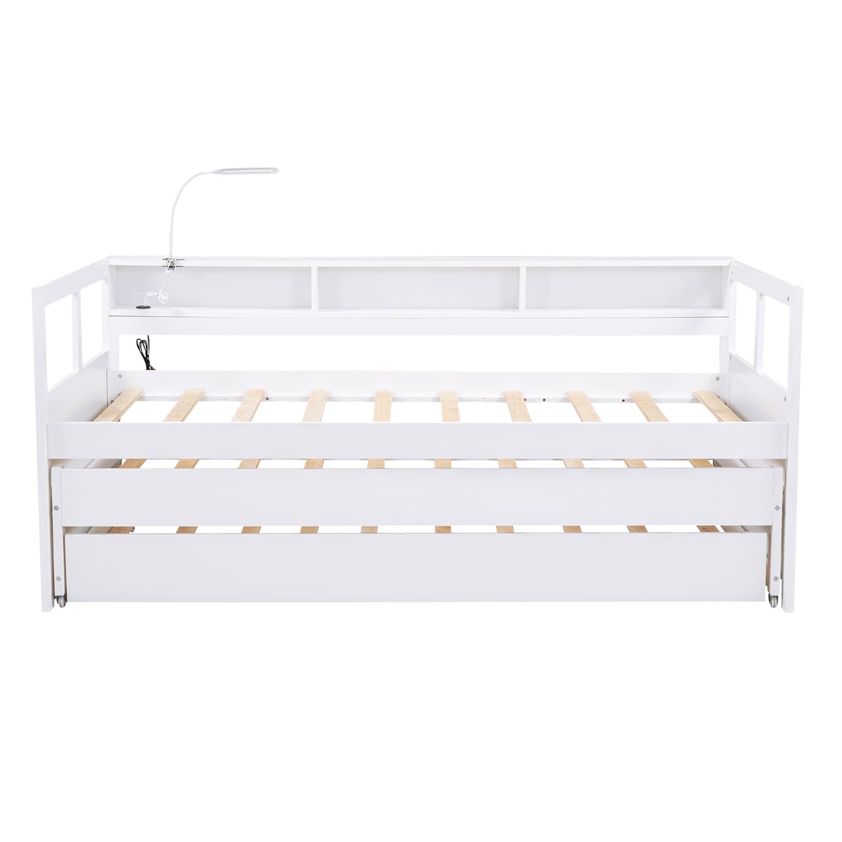 Wood Daybed with 2 Trundles, 3 Storage Cubbies, 1 Light for Free and USB Charging Design