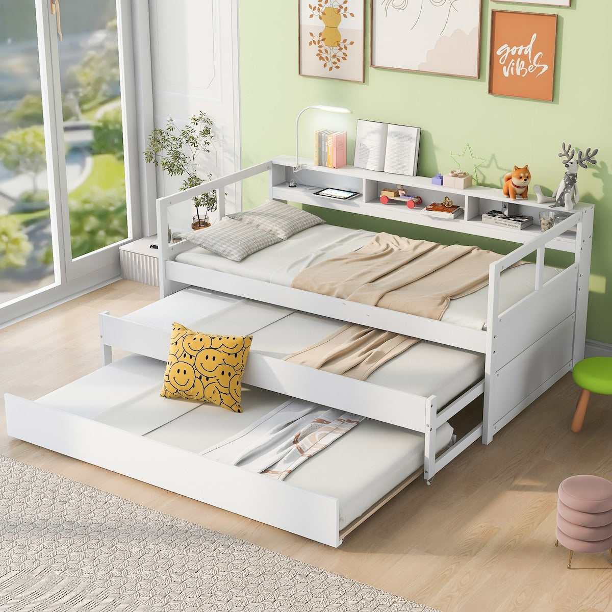 Wood Daybed with 2 Trundles, 3 Storage Cubbies, 1 Light for Free and USB Charging Design