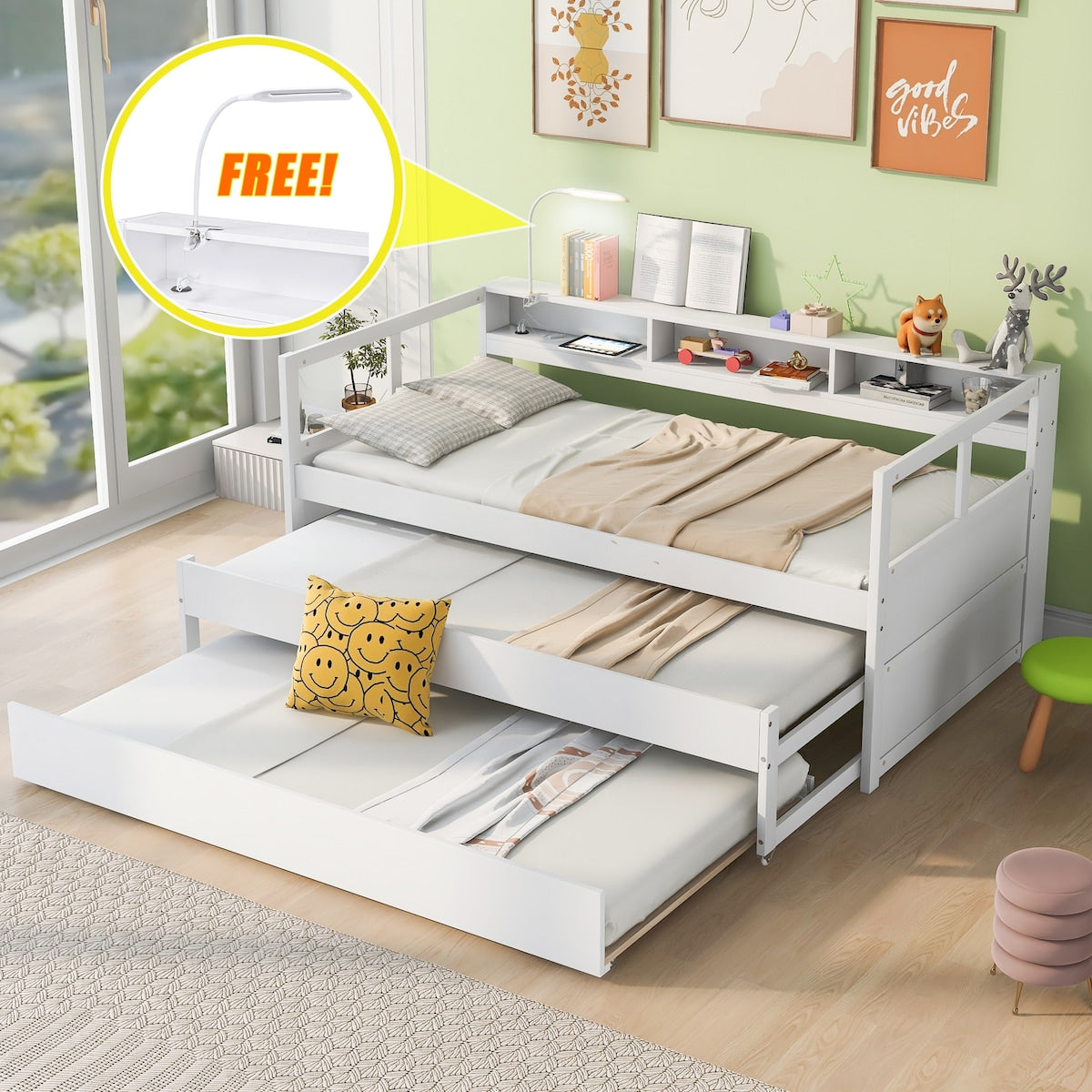 Wood Daybed with 2 Trundles, 3 Storage Cubbies, 1 Light for Free and USB Charging Design