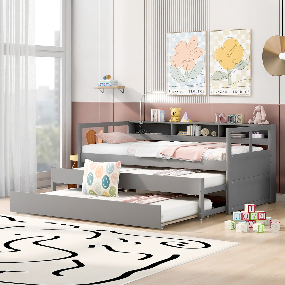 Wood Daybed with 2 Trundles, 3 Storage Cubbies, 1 Light for Free and USB Charging Design