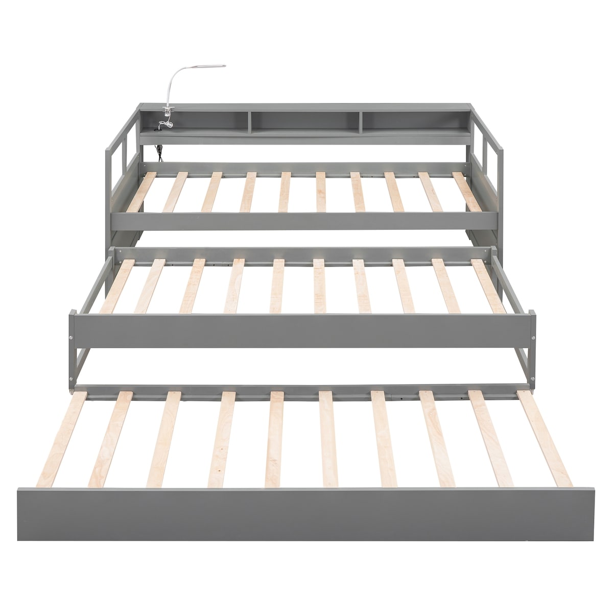 Wood Daybed with 2 Trundles, 3 Storage Cubbies, 1 Light for Free and USB Charging Design