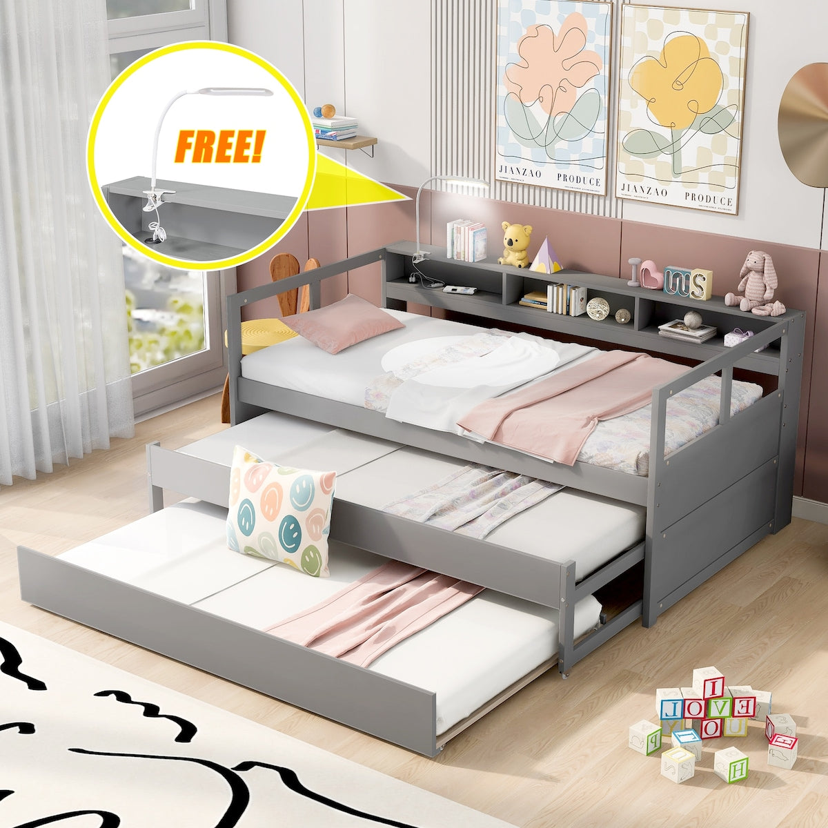 Wood Daybed with 2 Trundles, 3 Storage Cubbies, 1 Light for Free and USB Charging Design
