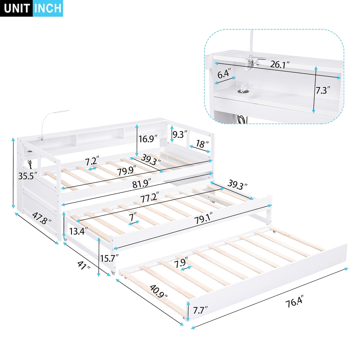 Wood Daybed with 2 Trundles, 3 Storage Cubbies, 1 Light for Free and USB Charging Design