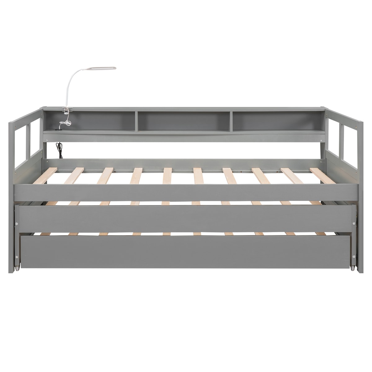 Wood Daybed with 2 Trundles, 3 Storage Cubbies, 1 Light for Free and USB Charging Design