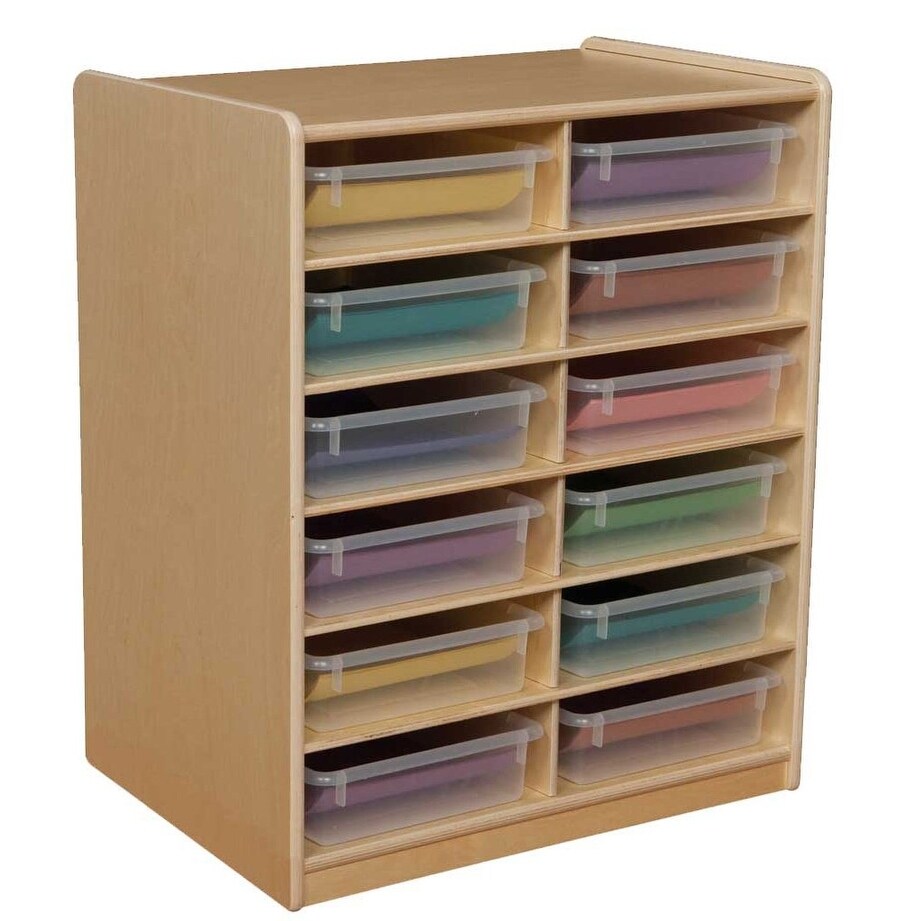 Wood Designs Birch 12 Cubby Storage Cabinet with Translucent Trays, Toddler Letter storage oraganizer with Casters - 30"