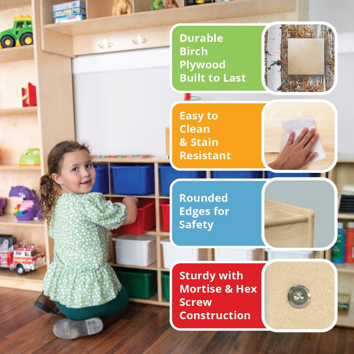 Wood Designs Birch 12 Cubby Storage Cabinet with Translucent Trays, Toddler Letter storage oraganizer with Casters - 30"