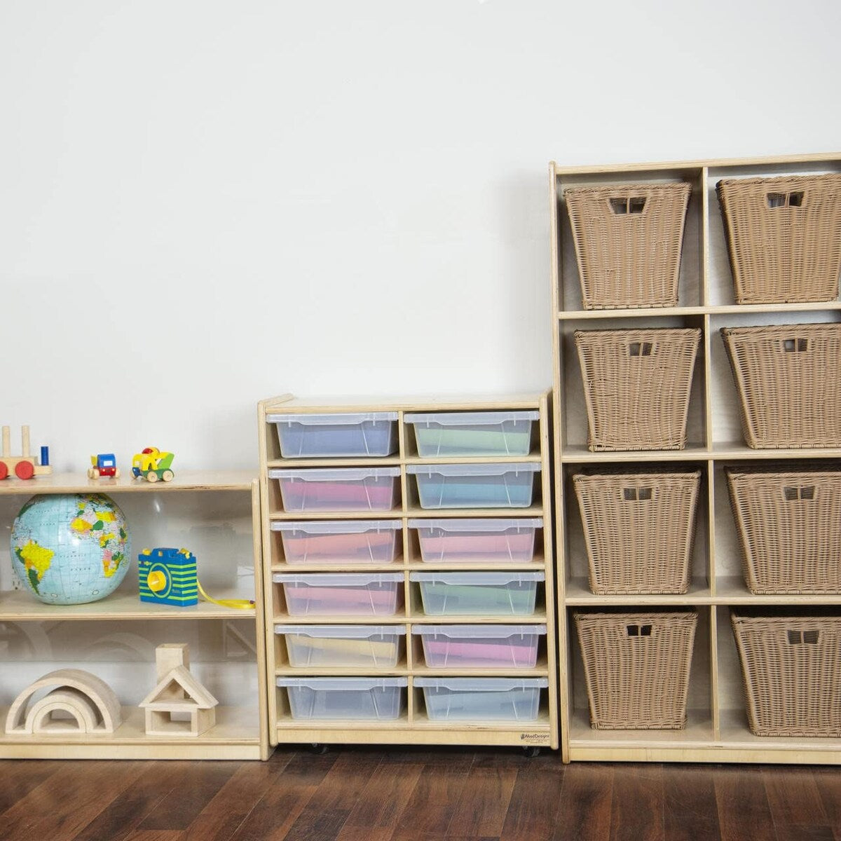 Wood Designs Birch 12 Cubby Storage Cabinet with Translucent Trays, Toddler Letter storage oraganizer with Casters - 30"