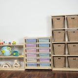 Wood Designs Birch 12 Cubby Storage Cabinet with Translucent Trays, Toddler Letter storage oraganizer with Casters - 30"