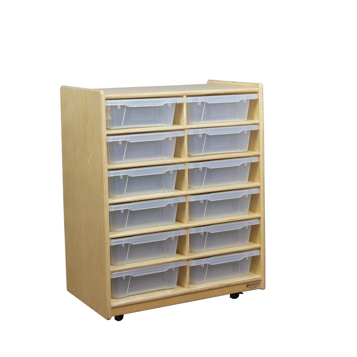 Wood Designs Birch 12 Cubby Storage Cabinet with Translucent Trays, Toddler Letter storage oraganizer with Casters - 30"
