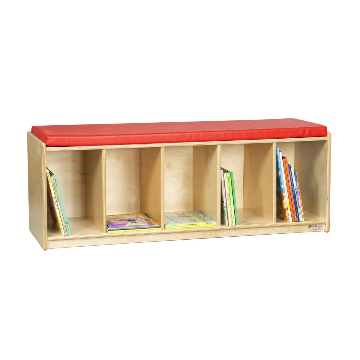 Wood Designs Kids Reading Bench with Red Cushion, Birch Wood Sturdy Cubby Storage Bench for Toddler - 16" High