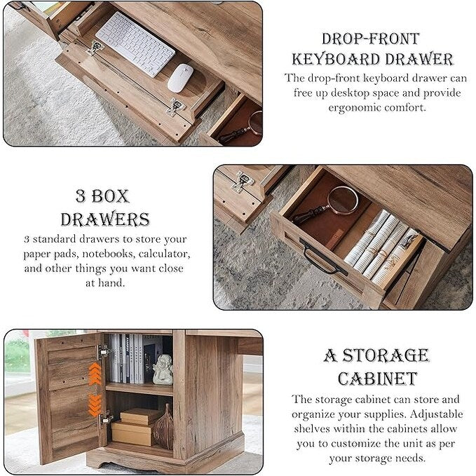 60" Farmhouse Executive Desk, Wood Home Office Desk, Computer Desk