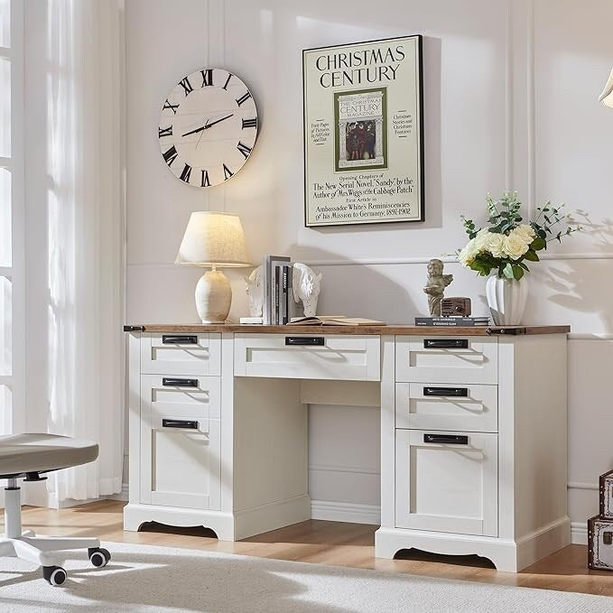 60" Farmhouse Executive Desk, Wood Home Office Desk, Computer Desk
