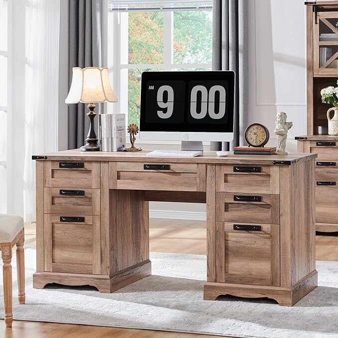 60" Farmhouse Executive Desk, Wood Home Office Desk, Computer Desk