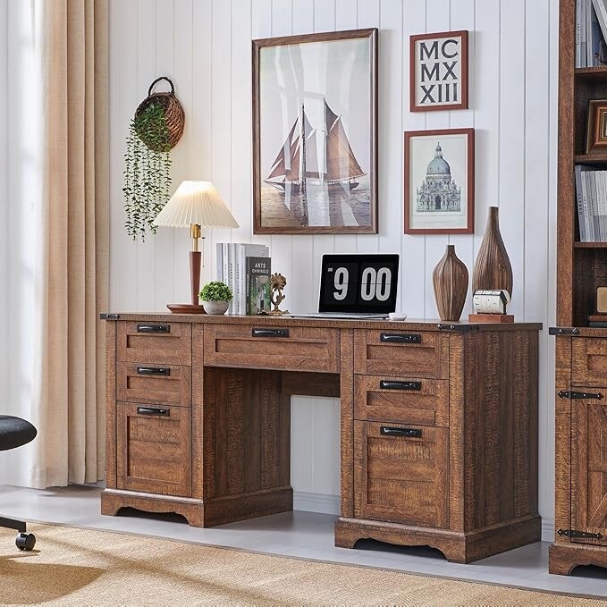 60" Farmhouse Executive Desk, Wood Home Office Desk, Computer Desk