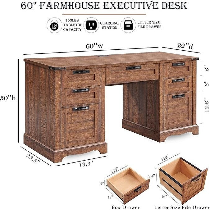 60" Farmhouse Executive Desk, Wood Home Office Desk, Computer Desk