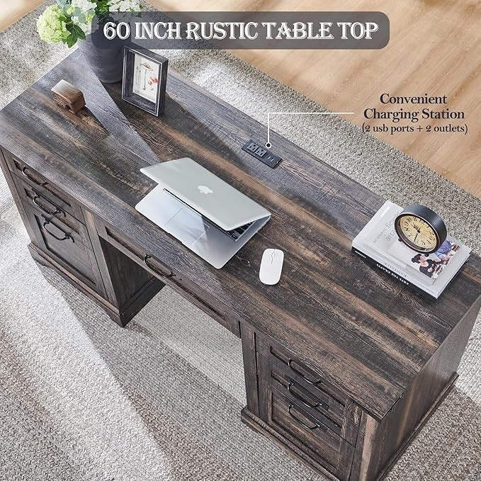 60" Farmhouse Executive Desk, Wood Home Office Desk, Computer Desk