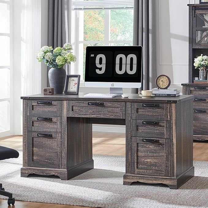 60" Farmhouse Executive Desk, Wood Home Office Desk, Computer Desk