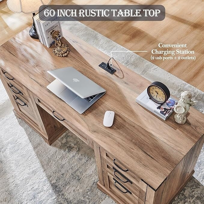 60" Farmhouse Executive Desk, Wood Home Office Desk, Computer Desk