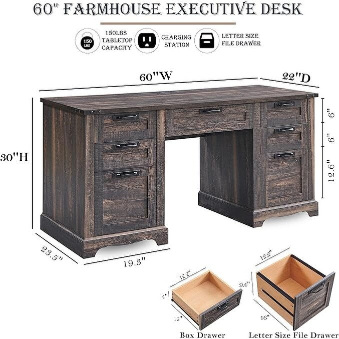 60" Farmhouse Executive Desk, Wood Home Office Desk, Computer Desk
