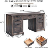 60" Farmhouse Executive Desk, Wood Home Office Desk, Computer Desk
