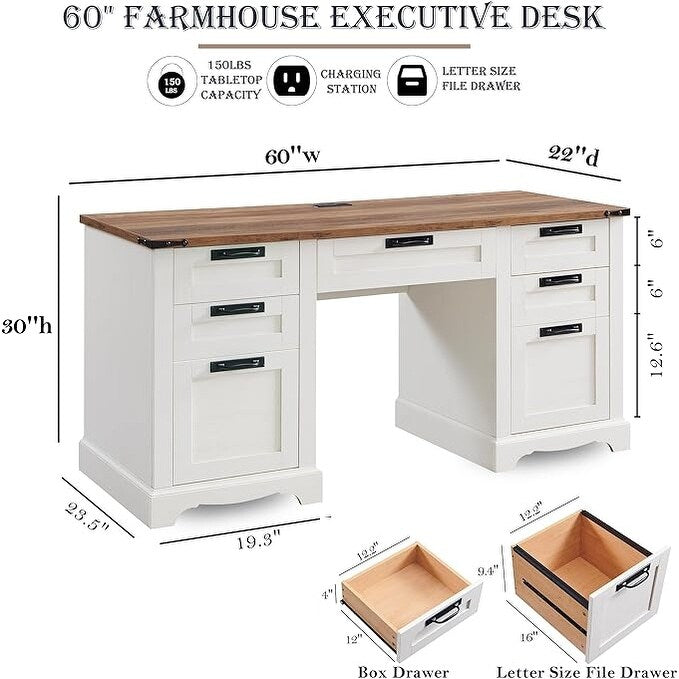 60" Farmhouse Executive Desk, Wood Home Office Desk, Computer Desk
