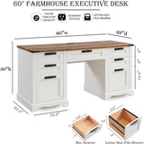 60" Farmhouse Executive Desk, Wood Home Office Desk, Computer Desk