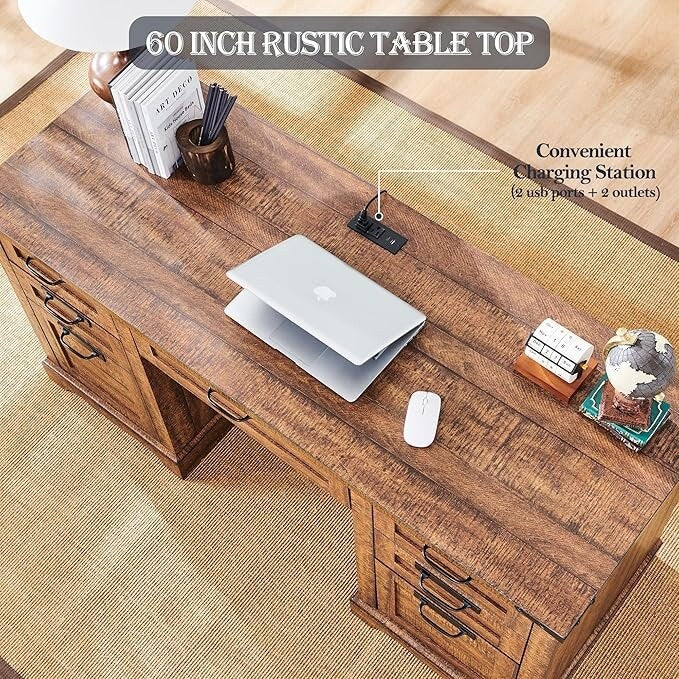 60" Farmhouse Executive Desk, Wood Home Office Desk, Computer Desk