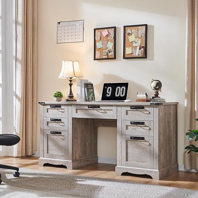 60" Farmhouse Executive Desk, Wood Home Office Desk, Computer Desk