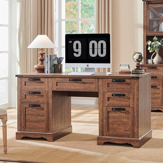 60" Farmhouse Executive Desk, Wood Home Office Desk, Computer Desk