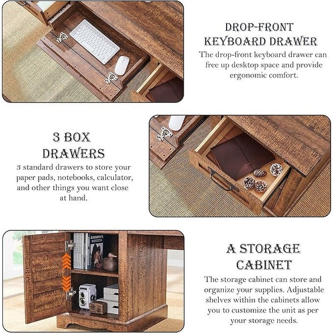 60" Farmhouse Executive Desk, Wood Home Office Desk, Computer Desk