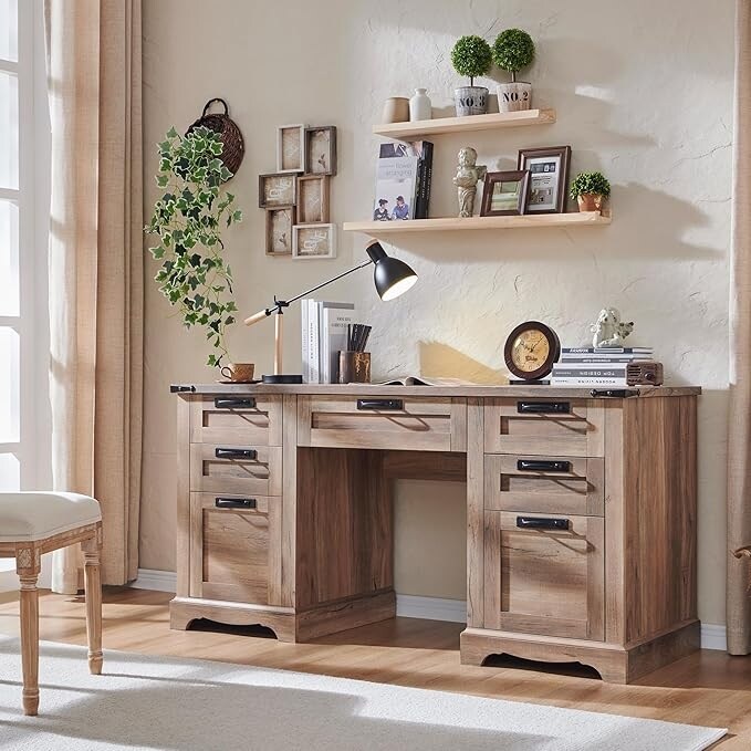 60" Farmhouse Executive Desk, Wood Home Office Desk, Computer Desk