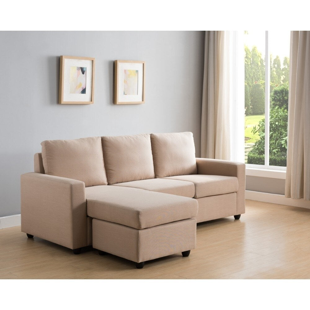 Wood & Fabric Reversible Sectional Sofa With Ottoman, Cream