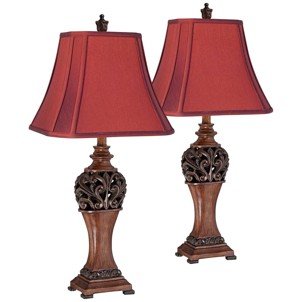 Wood Finish Crimson Red Shade Traditional Table Lamps Set of 2 - 30" x 14"