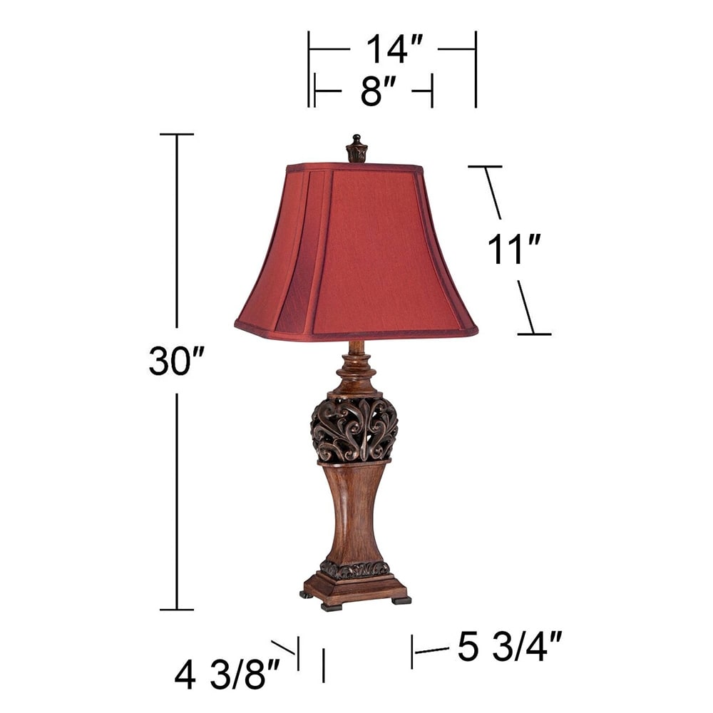 Wood Finish Crimson Red Shade Traditional Table Lamps Set of 2 - 30" x 14"
