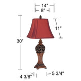 Wood Finish Crimson Red Shade Traditional Table Lamps Set of 2 - 30" x 14"