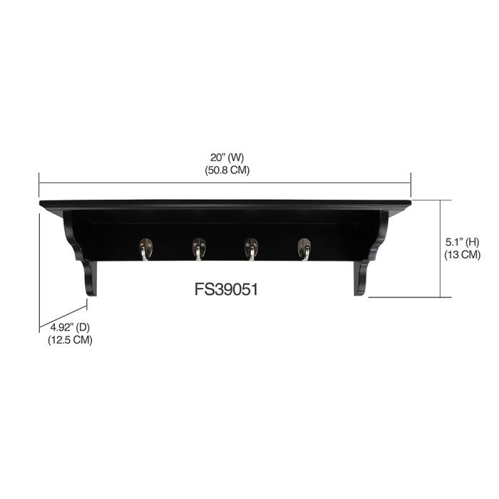 Wood Floating Shelf with Key Hooks, Black